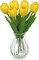 Artificial Tulips Flowers in Glass Vase - 6 Pcs Faux Flowers in Vase with Faux Water 12.5" Fake Tulips Bouquet Floral Arrangement Centerpiece for Dining Table Home Wedding Office Decor, Yellow